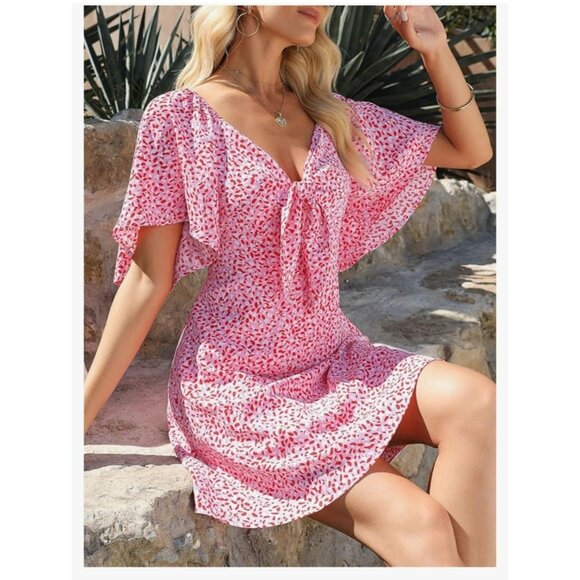 Womens Size S Floral Print Flutter Sleeve Mini Dress Tie Front Cut Out Casual - Picture 2 of 13
